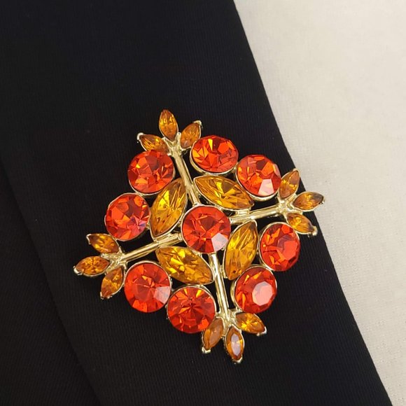 Vintage Edlee Orange Rhinestone Maltese Cross Brooch Pin - Picture 6 of 8